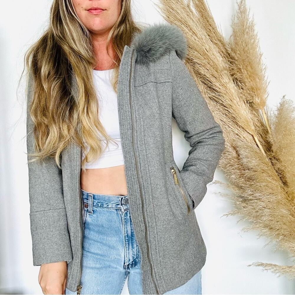 MK MICHAEL KORS Grey Wool Rabbit Fur Hood Gold Zipper Pockets Jacket Pea Coat 2